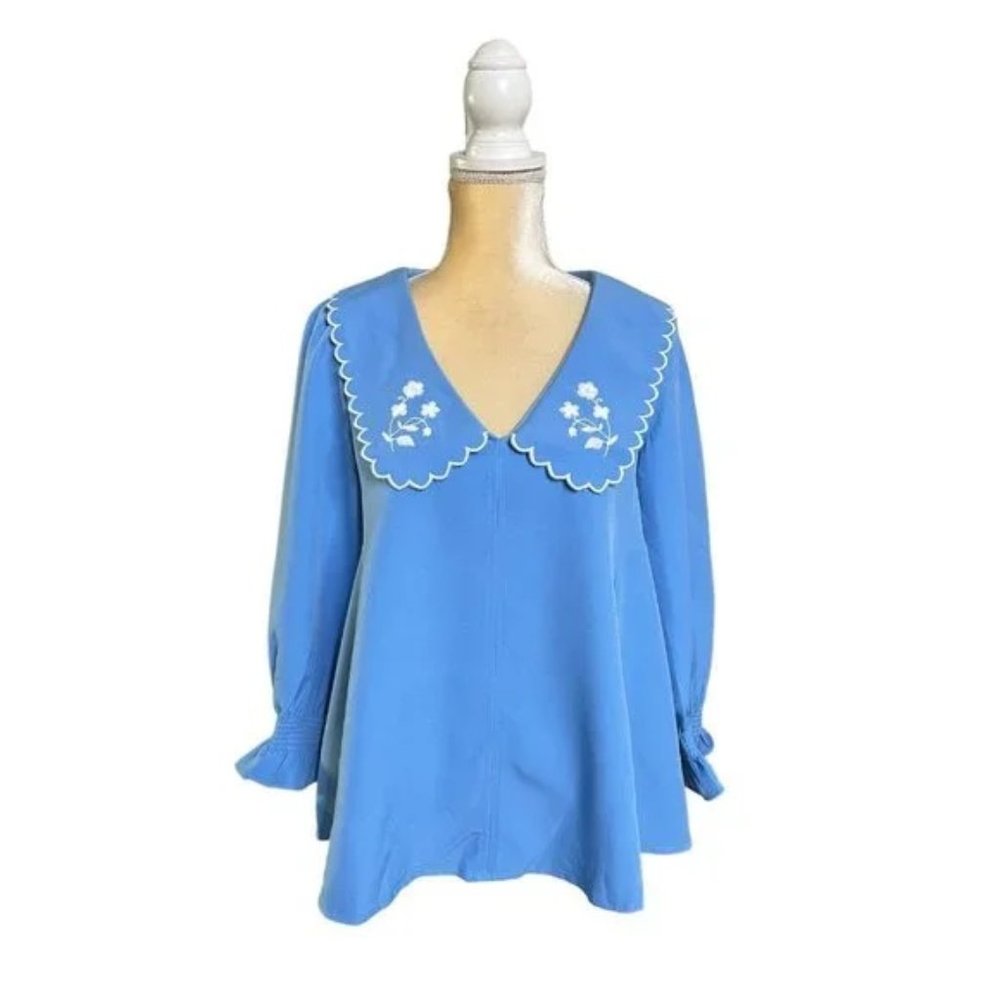 Tuckernuck Easton Cornflower Blue Embroidered Blouse Size XS